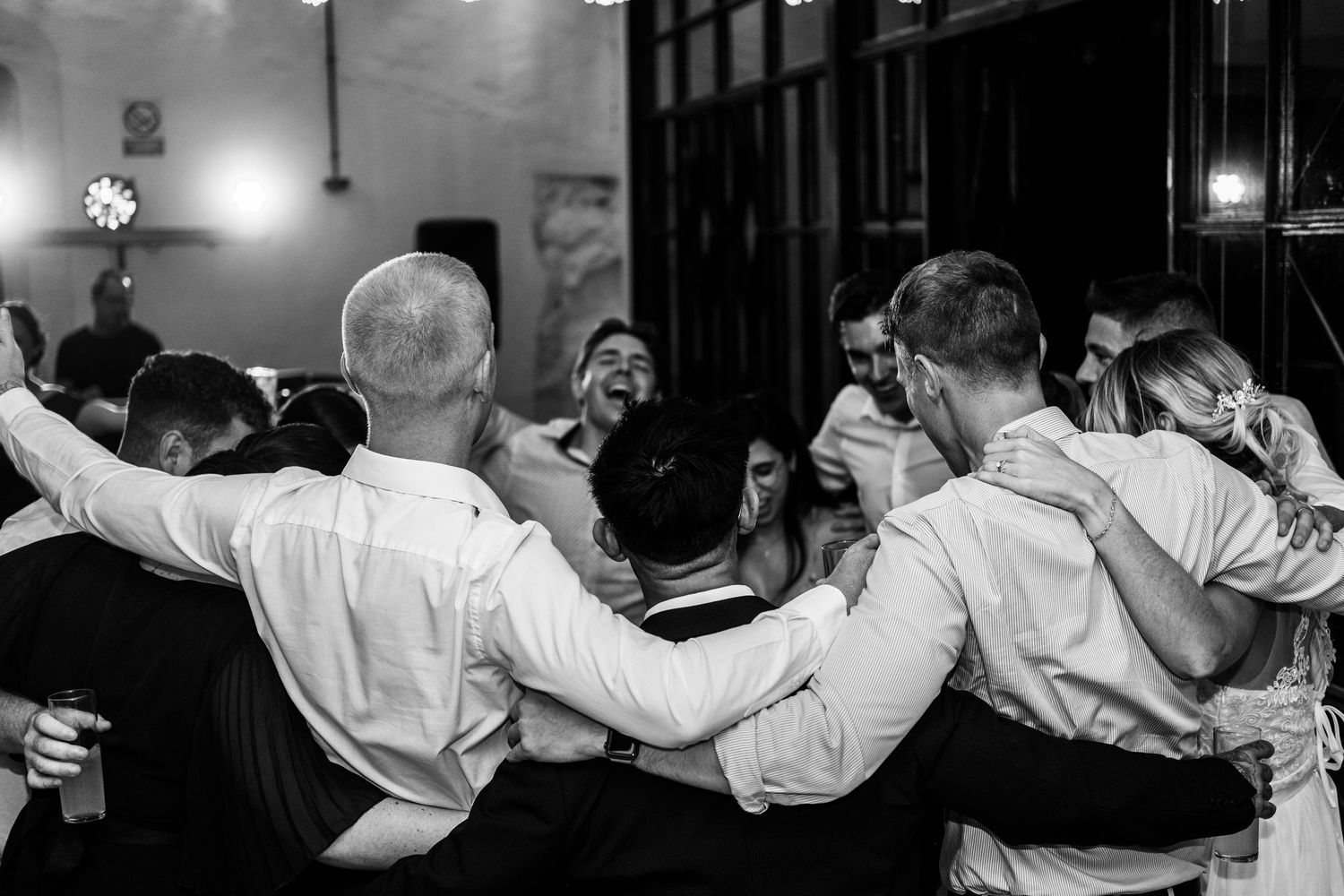 British wedding guests dancing at a destination wedding in Campo de Gibraltar