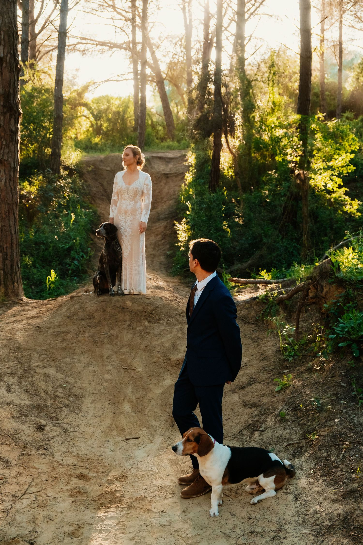 Alejandra y Jose posando con sus perros en un retrato natural de postboda en el Pinar del Rey San Roque
