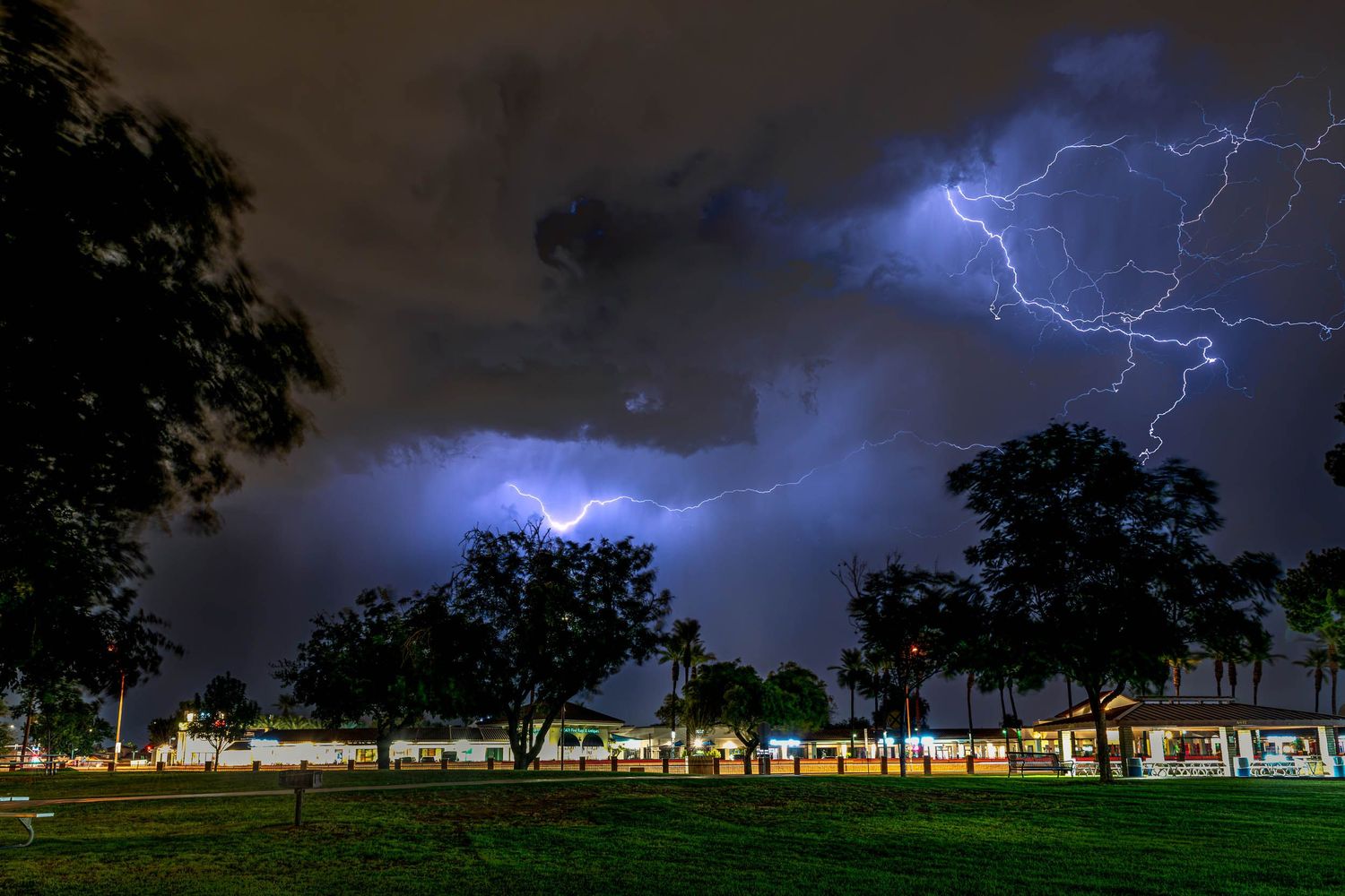 Lightning  over Scottsdale illuminates a green park and city night scene with dramatic storm energy.