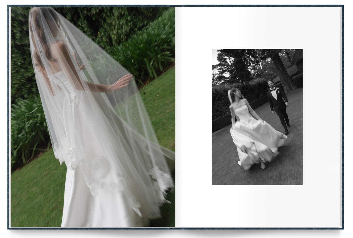 Wedding photo album spread with a bride in a flowing veil and gown on the left and a black-and-white bride and groom portrait on the right.