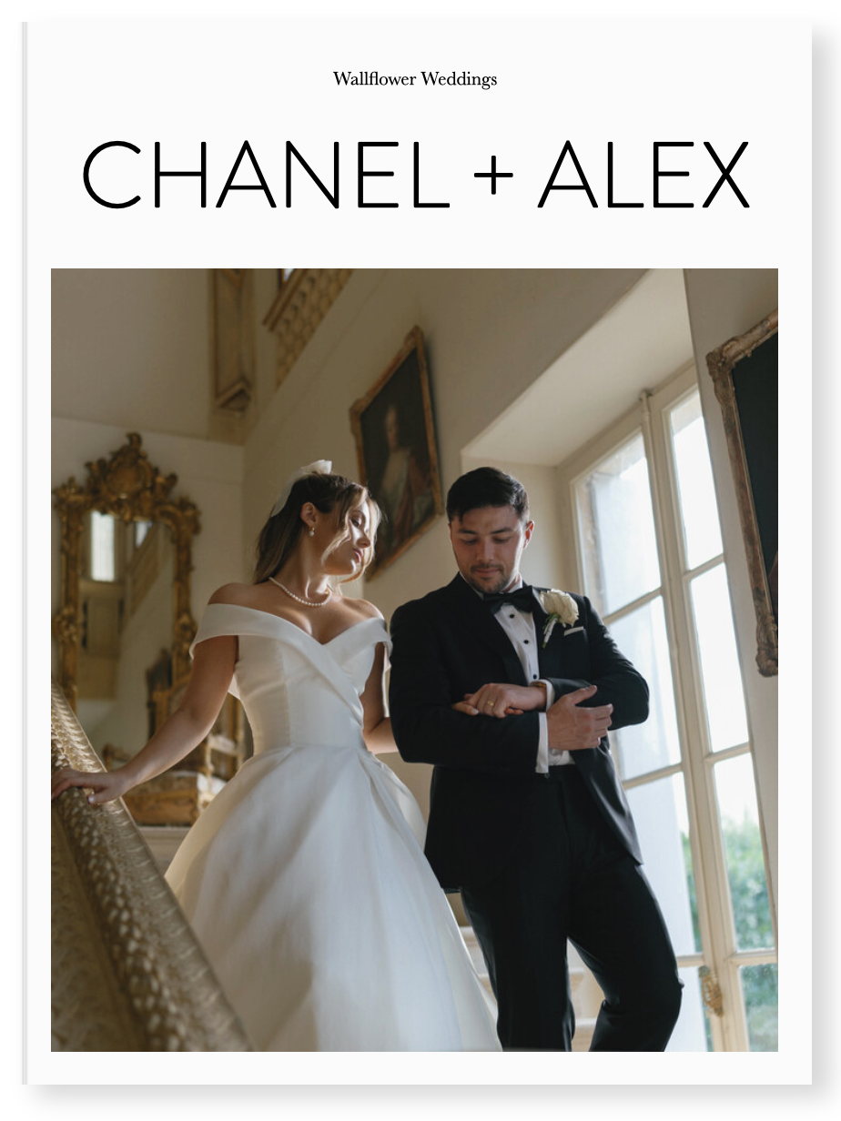 Wedding album cover for Chanel + Alex showing a bride in an off-shoulder gown and groom in a tuxedo descending an ornate staircase.