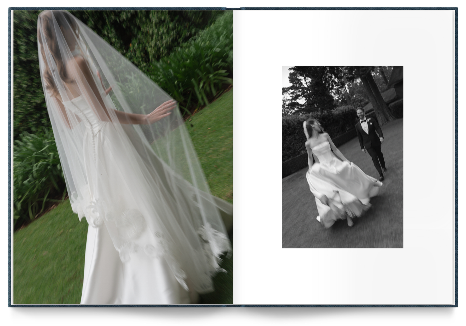 Open wedding album spread showing a bride in a long veil and gown on a lawn beside a black-and-white photo of the couple walking.