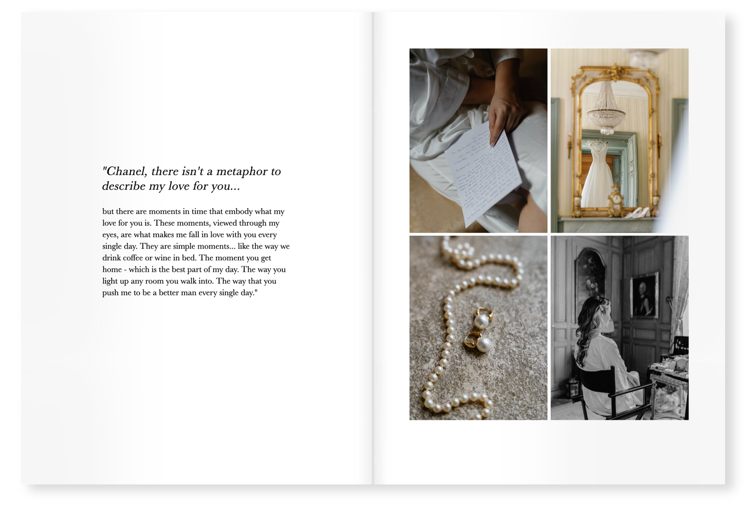 Open wedding album spread with a heartfelt love letter on the left and a collage of four romantic bridal photos on the right.