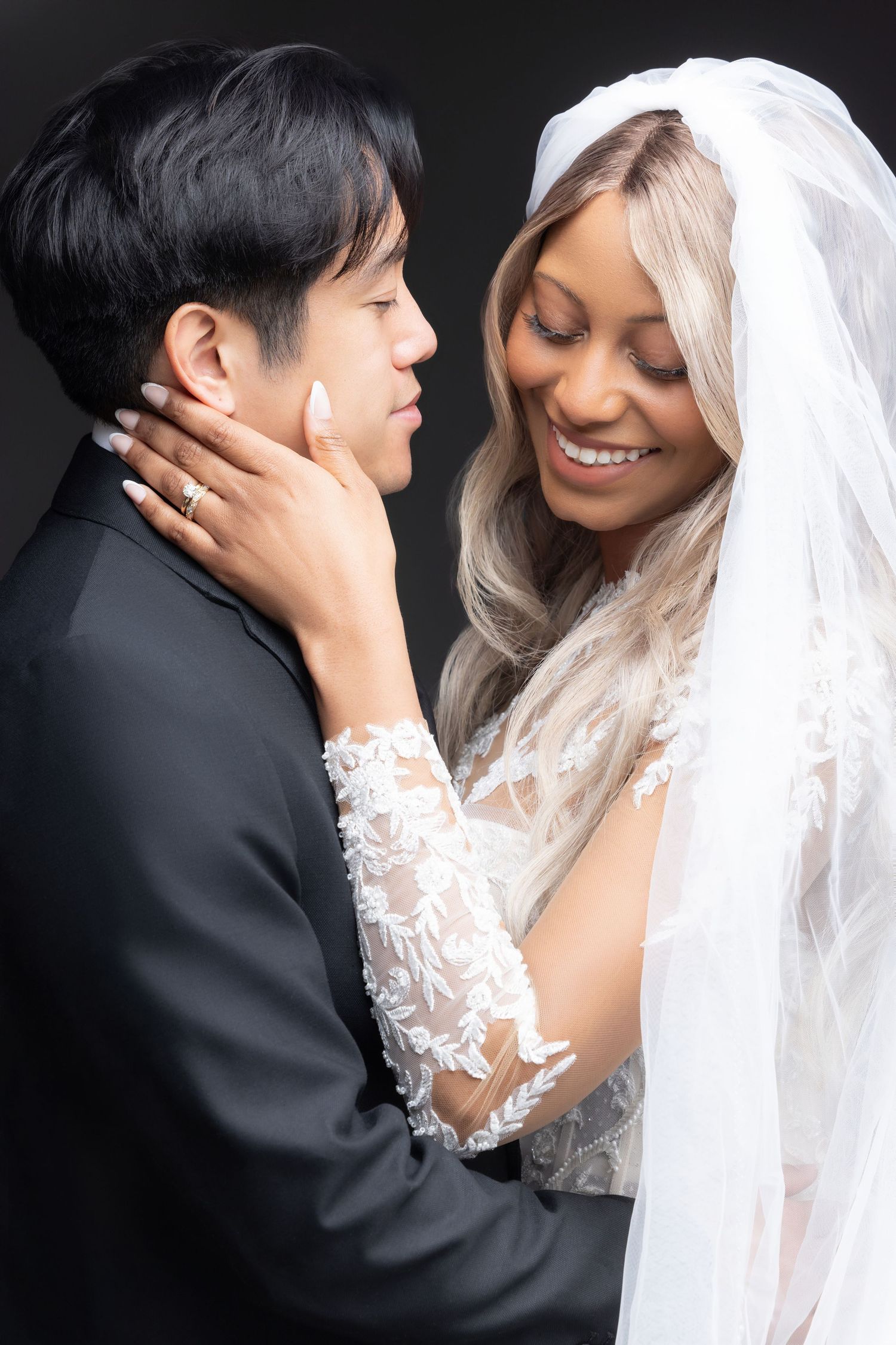 A series of romantic wedding photos showing intimate moments between a couple against a dark background.