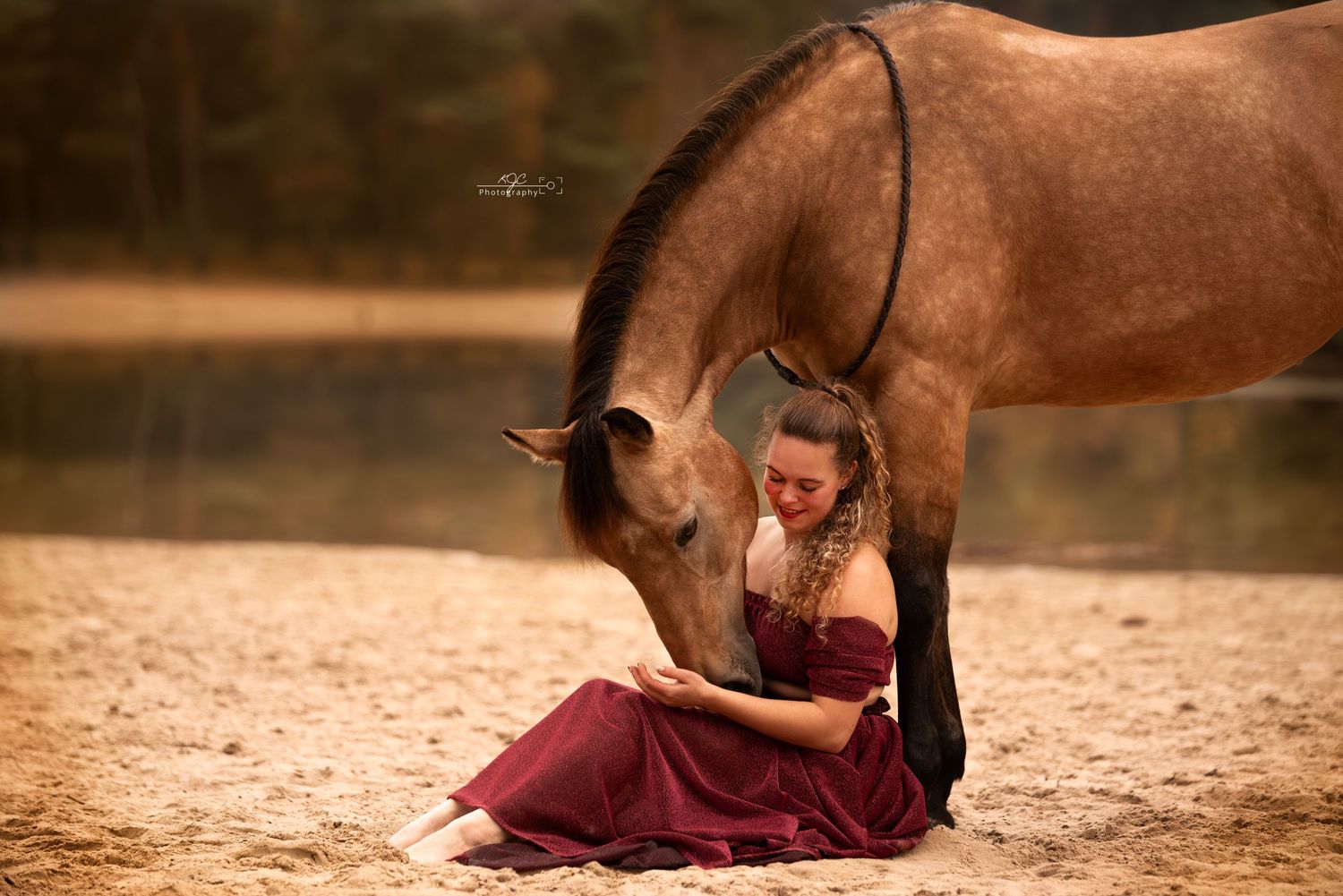 Romantisch portret met paard tijdens zonsondergang, duidelijke band tussen paard en baas