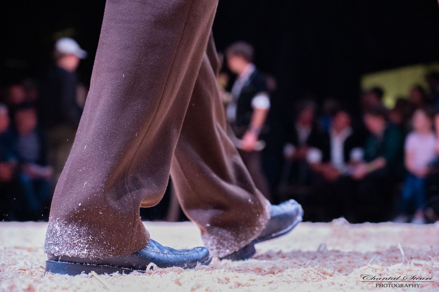 Close-up of feet and legs walking on sawdust covered show ring floor.
