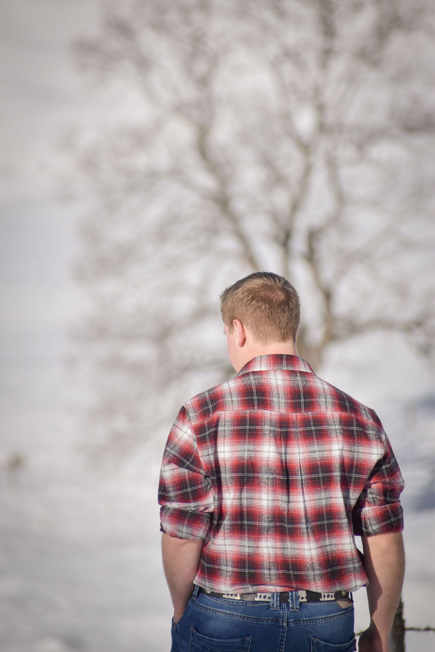 Person wearing red plaid shirt and jeans shown from behind against light background.