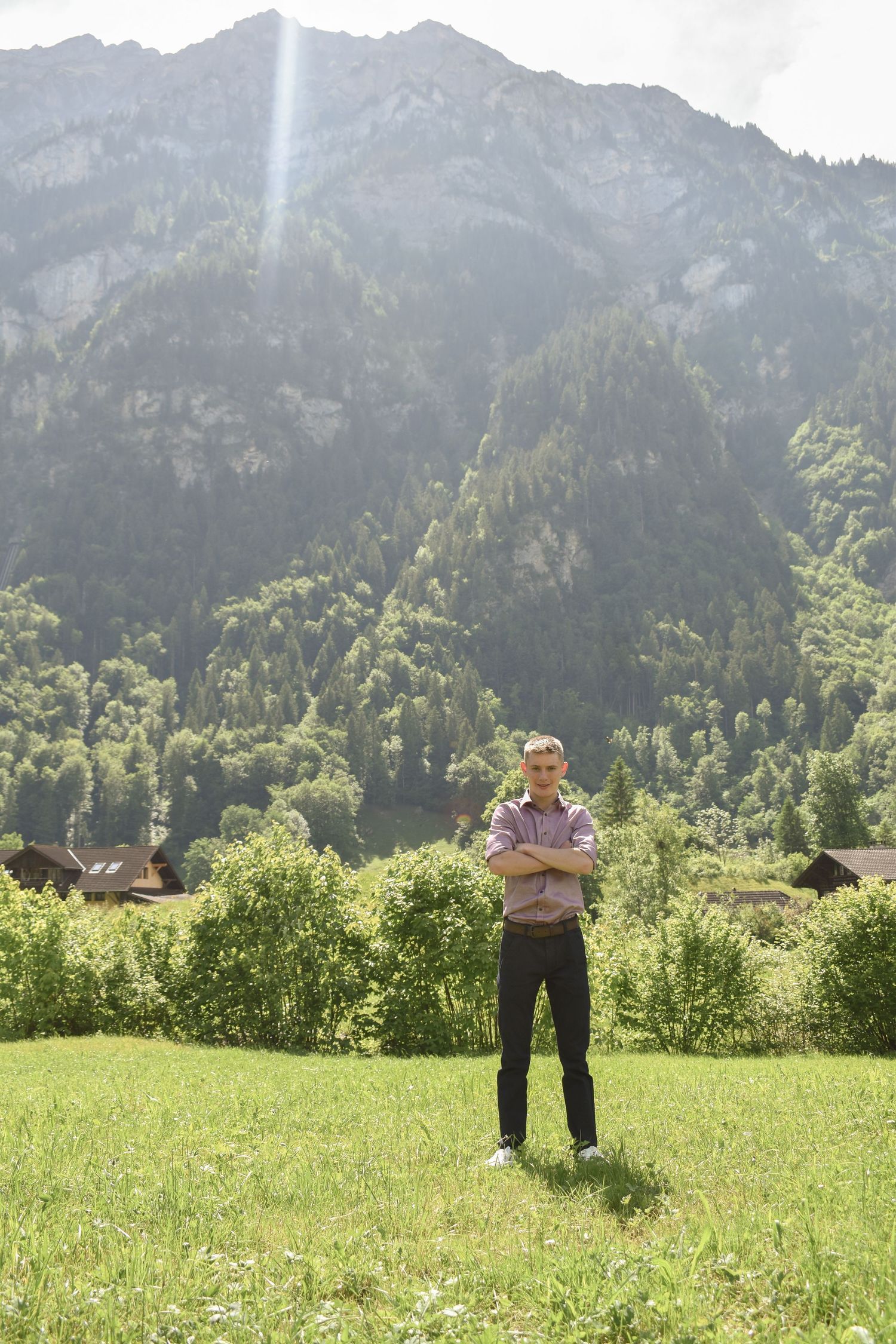 Scenic mountain landscape with green meadow and alpine houses in the background.