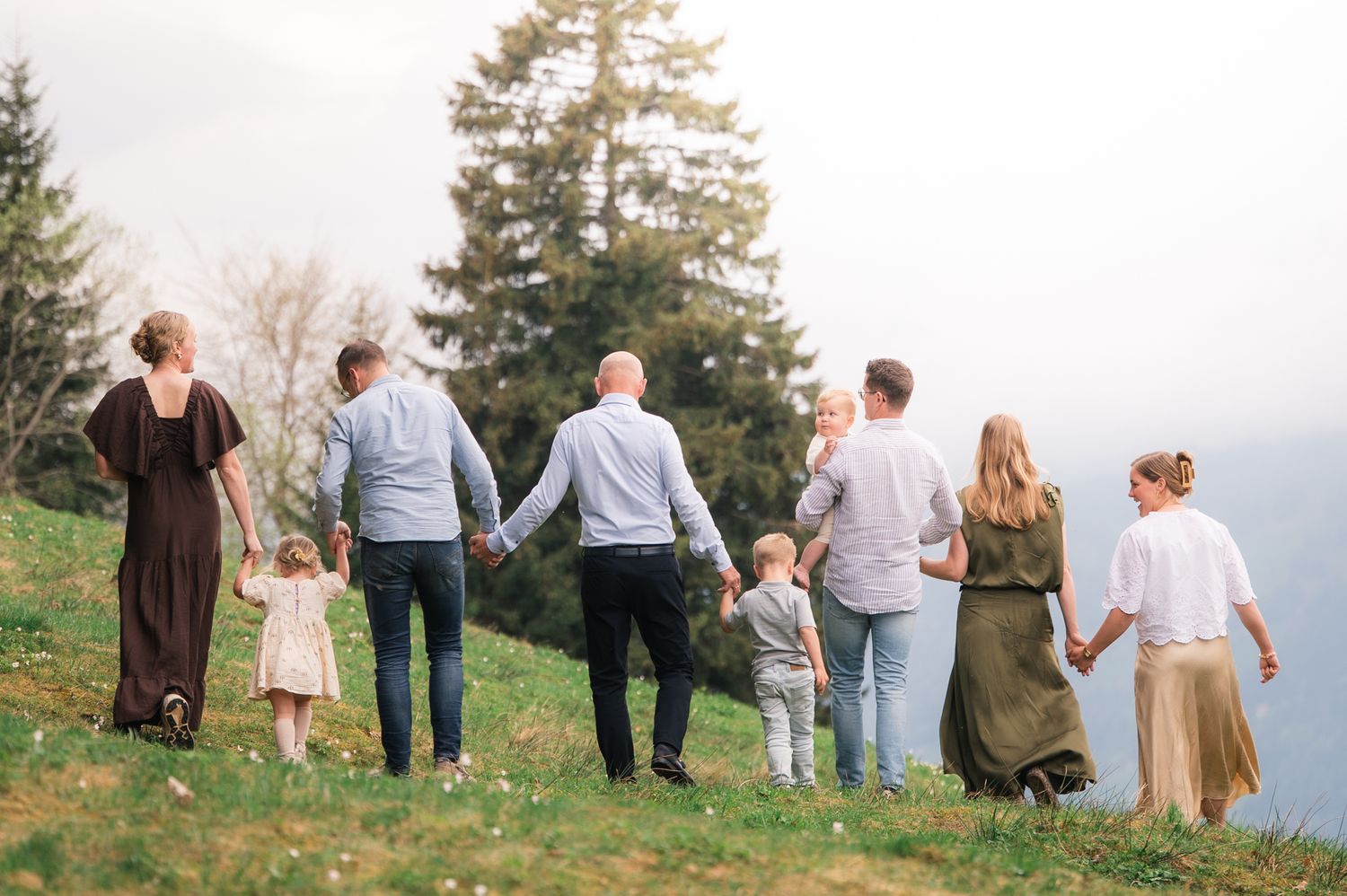 Family of eight holding hands walking on a lush green hillside with evergreen trees in the background.