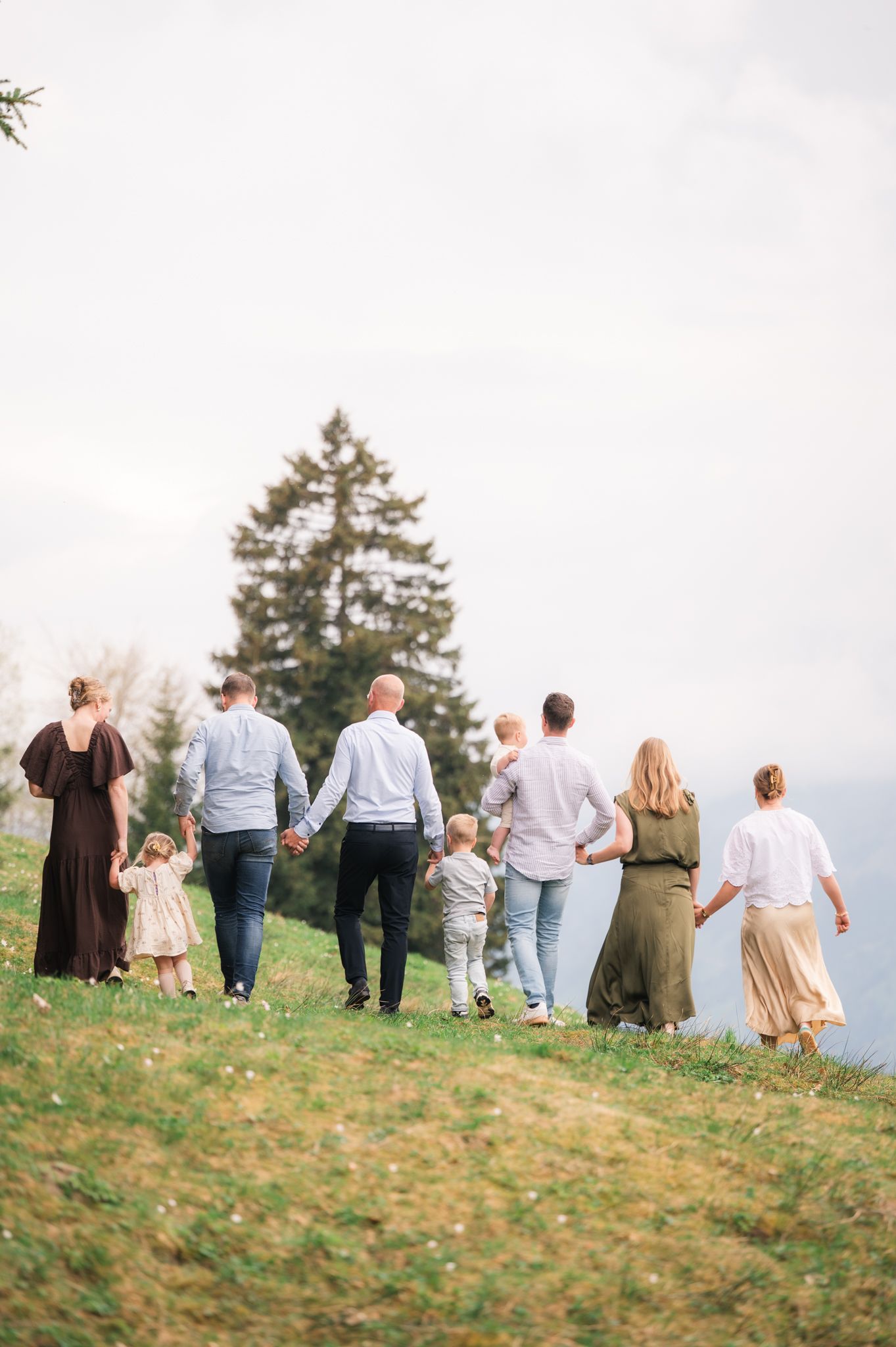 A large family holding hands walks together across a green hillside with a tall evergreen tree in the background.