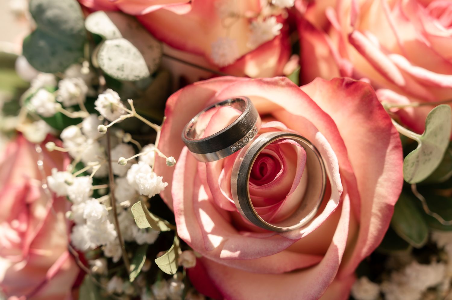 A delicate pink rose with wedding rings nestled among its petals, surrounded by baby's breath flowers and greenery.