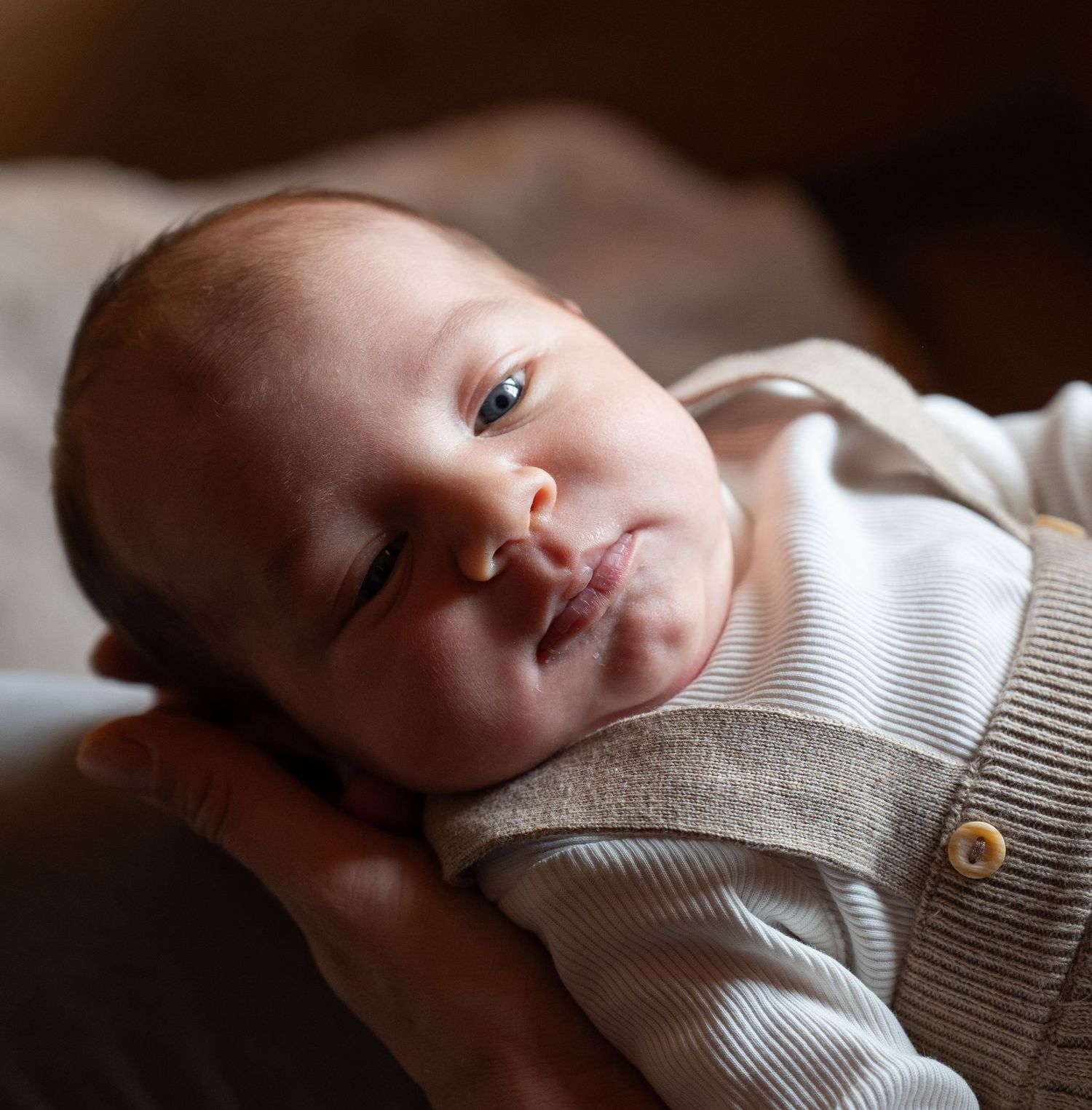 Newborn baby resting peacefully in a cream-colored sweater against dark background.