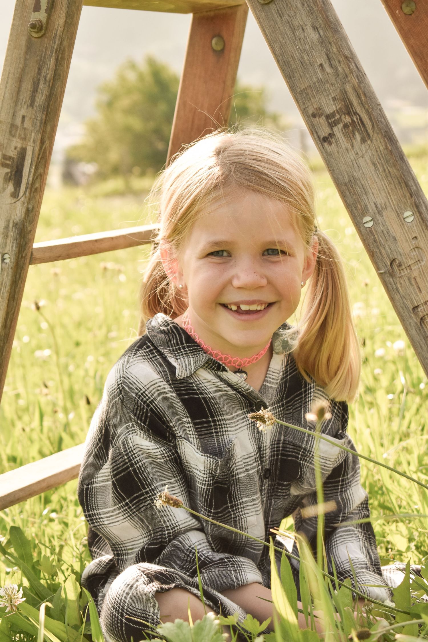 Child sitting by wooden ladder in grassy field wearing plaid shirt.