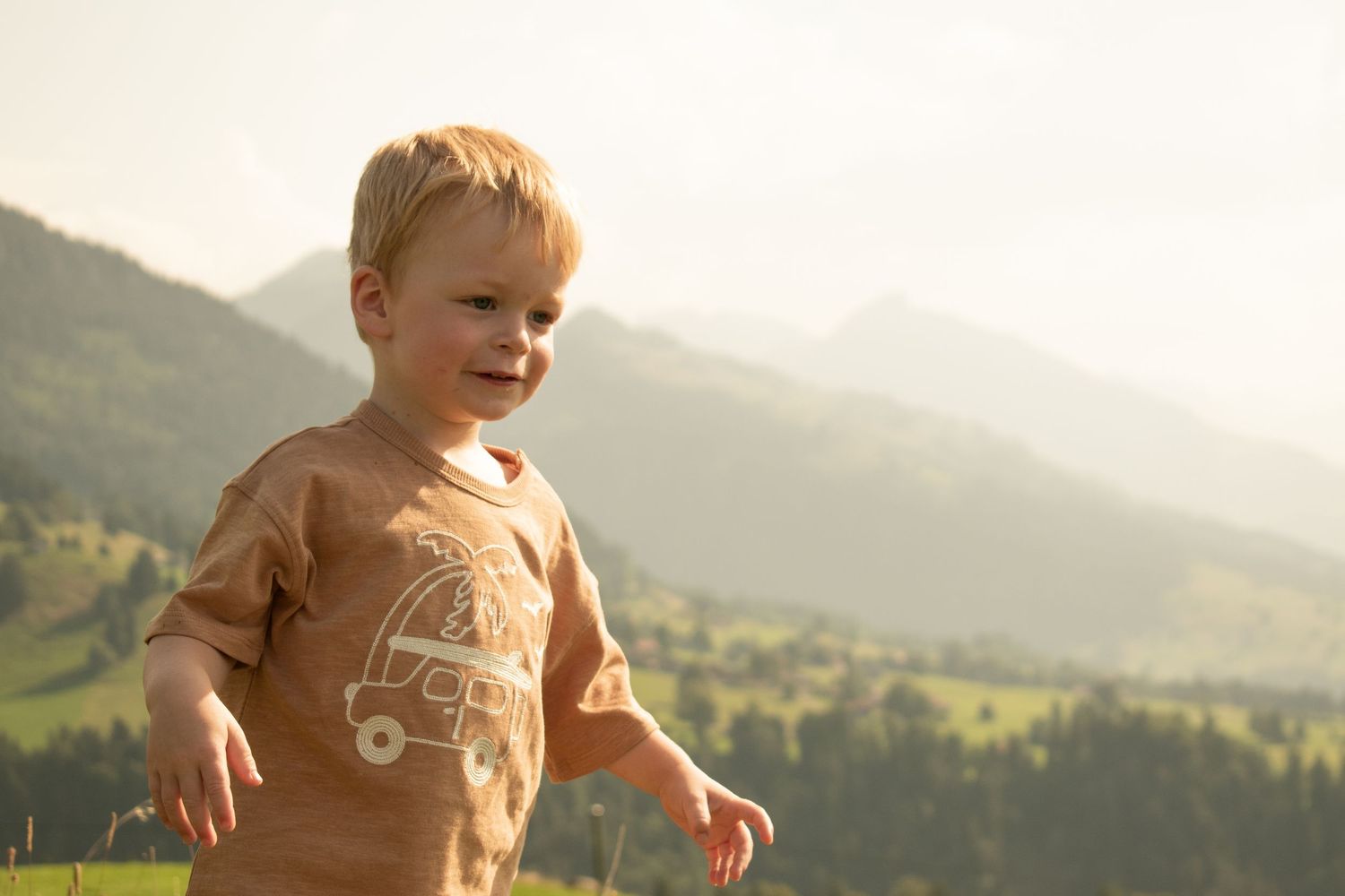 Child in brown t-shirt playing outdoors with mountains in background.