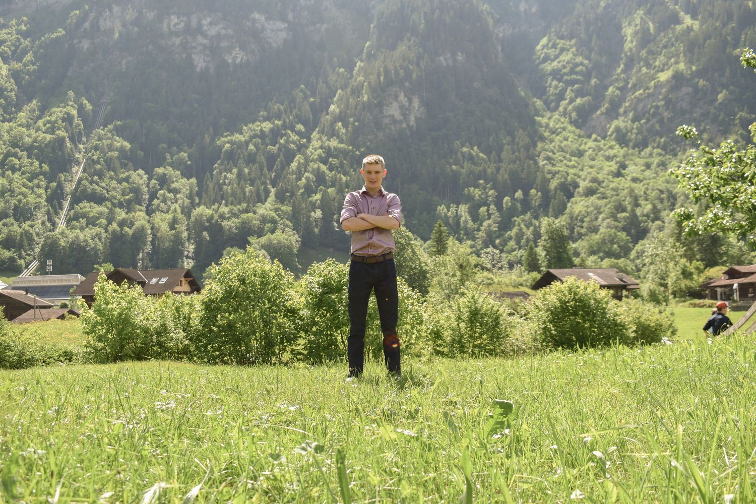 Rolling green meadow with mountains and forest in the background on a sunny day.