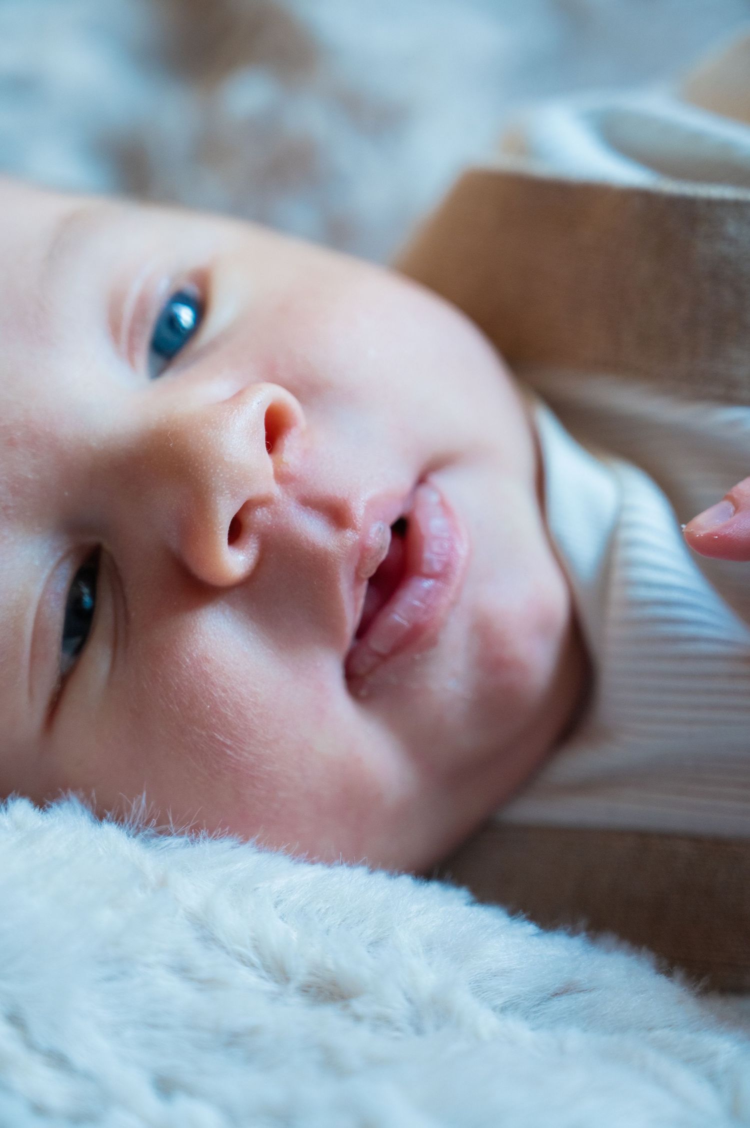 Close-up portrait of a newborn baby lying on soft white fur with gentle lighting.