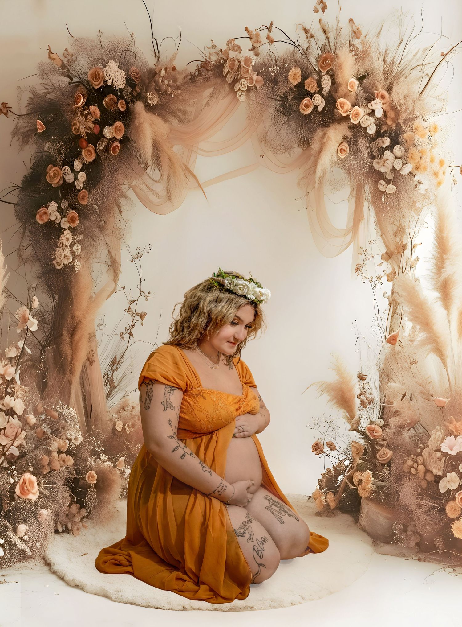 A dreamy maternity portrait with a mustard yellow dress and floral arch featuring dried flowers in peachy tones.