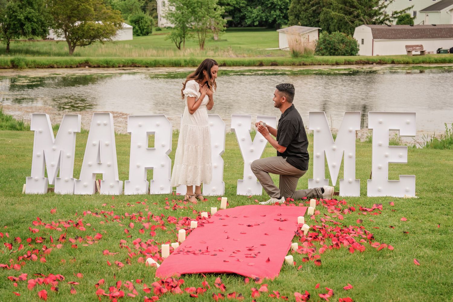 A romantic outdoor marriage proposal setup with pink petals and large white letters spelling 'MARRY ME' on a grassy lawn.