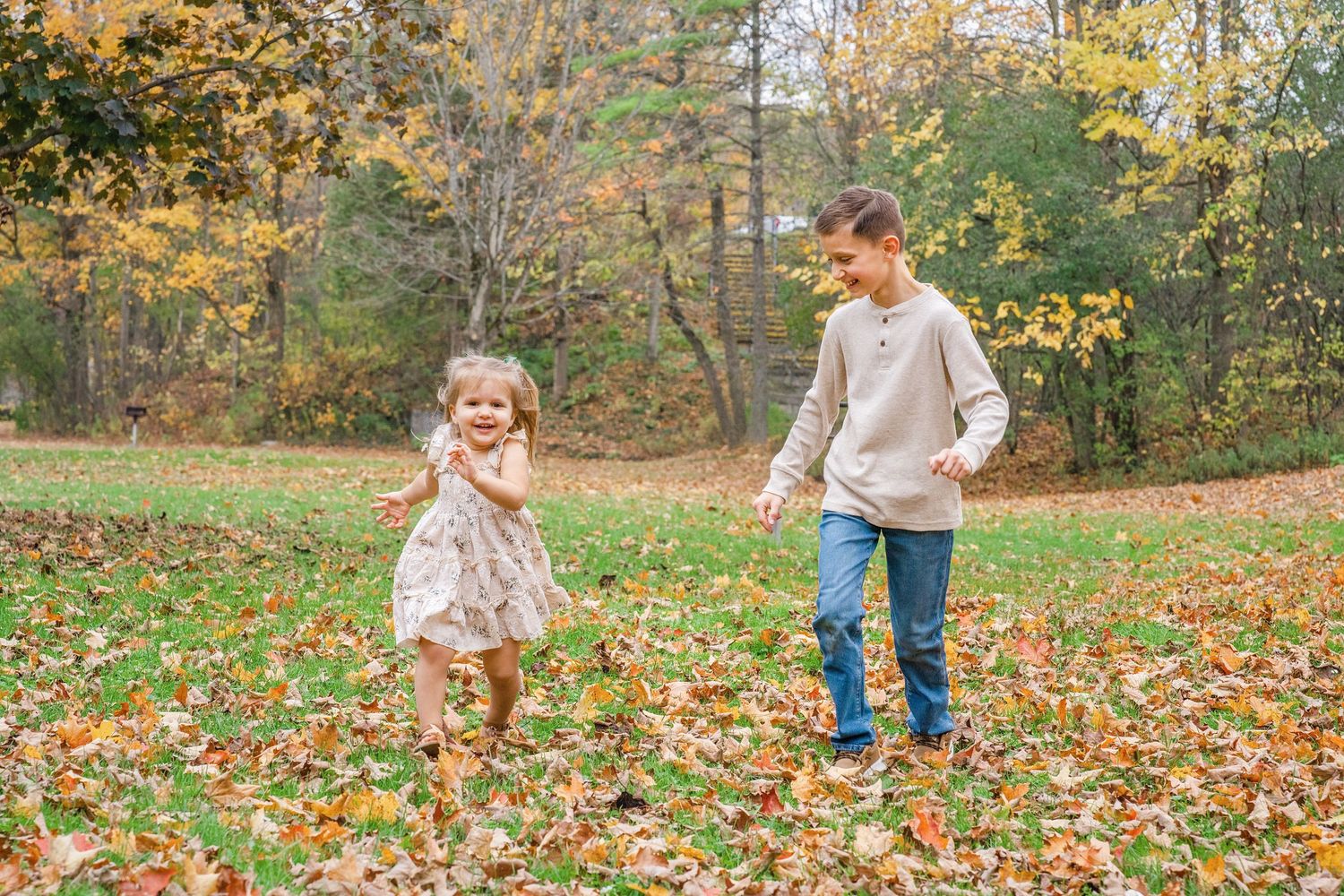 A group of people playing and throwing autumn leaves in a park on a sunny fall day.