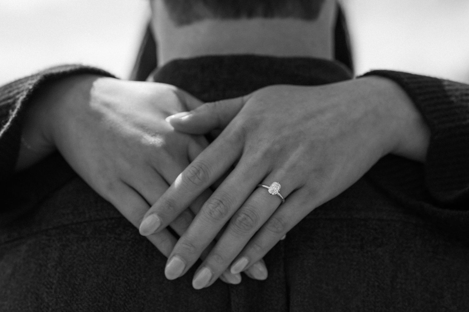 A black and white photo series showing hands clasped together in different intimate poses.