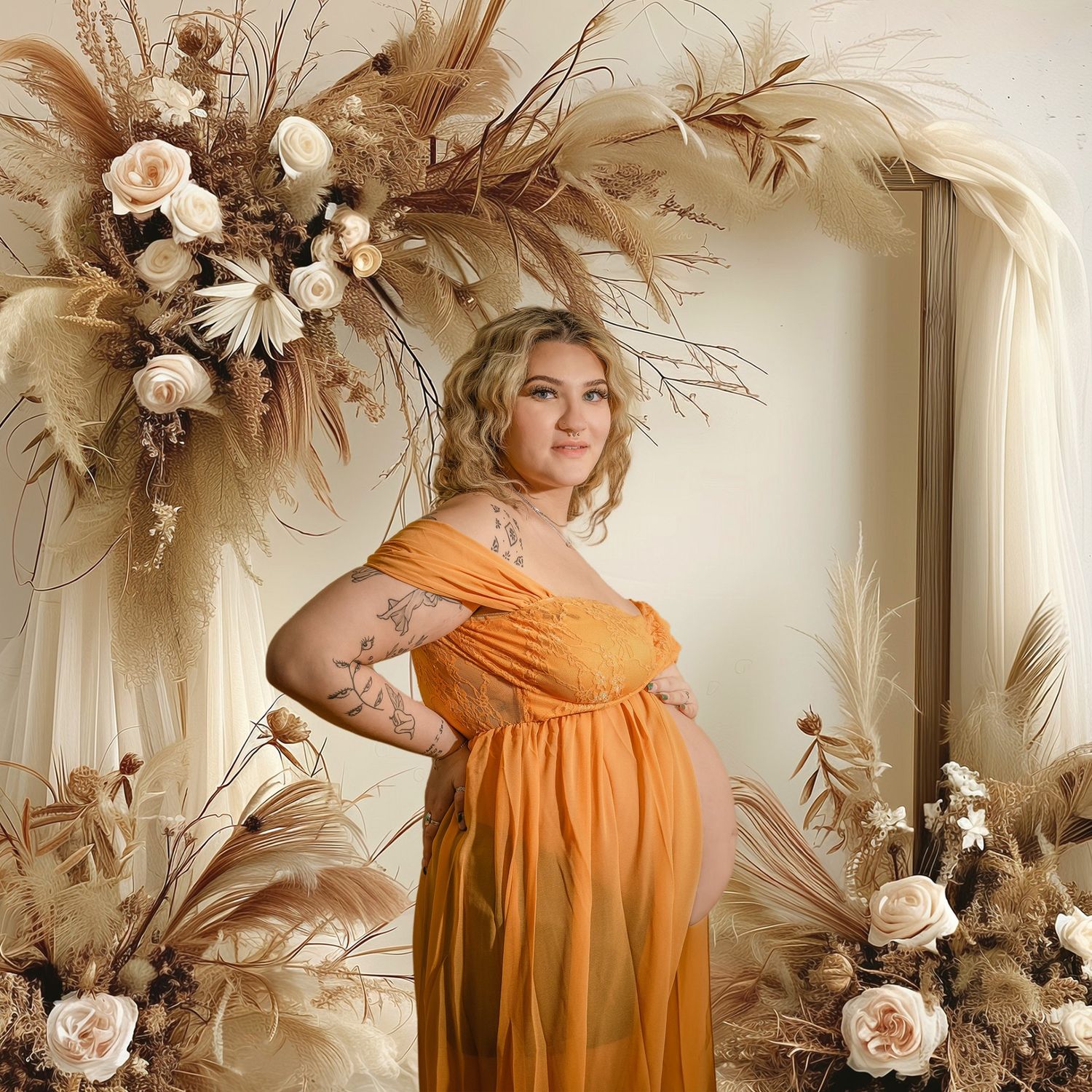 A pregnant woman in a flowing orange maxi dress poses in front of a neutral backdrop with dried floral arrangements.