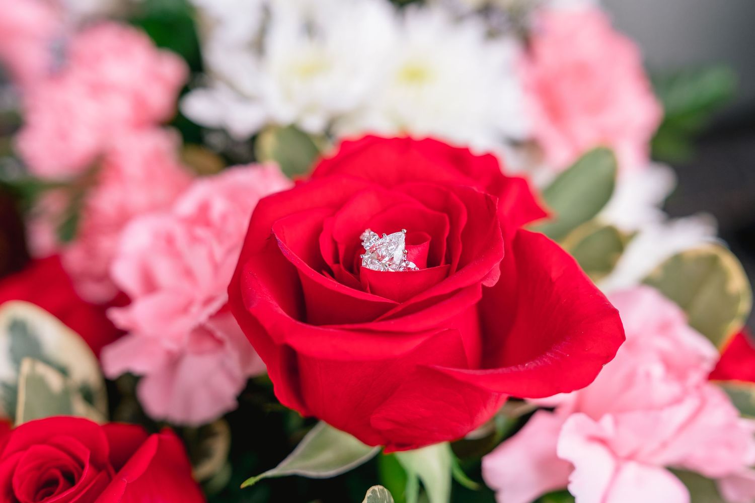 Diamond engagement ring nestled inside a red rose surrounded by pink carnations and white flowers.