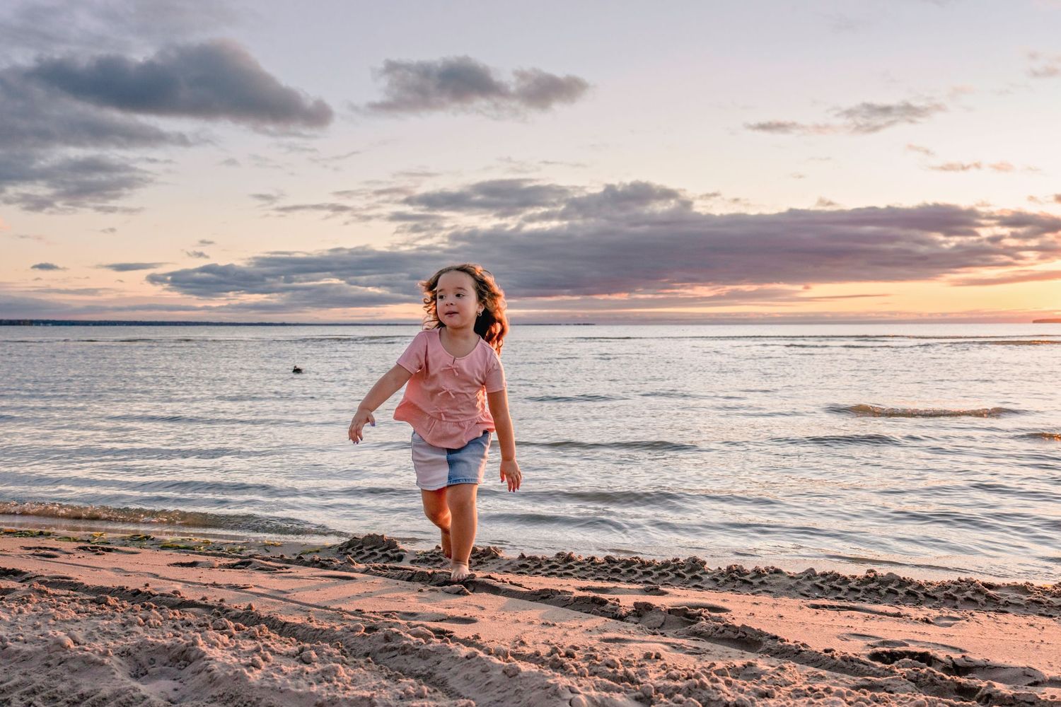 Dramatic coastal landscape at dusk with pink-hued clouds reflecting on the wet sand and ocean waves.