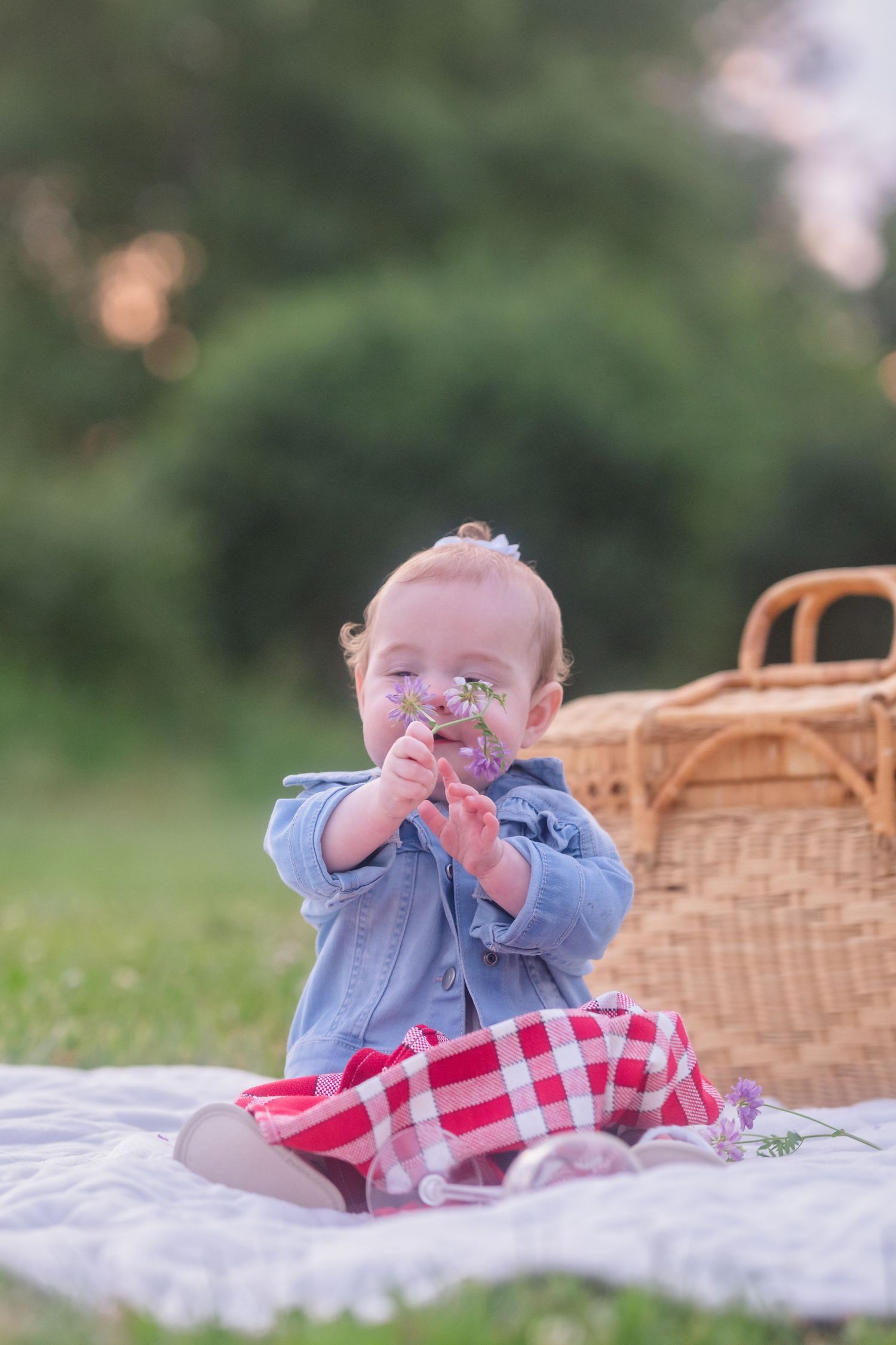 Baby in blue denim jacket and red checkered outfit plays on picnic blanket outdoors.