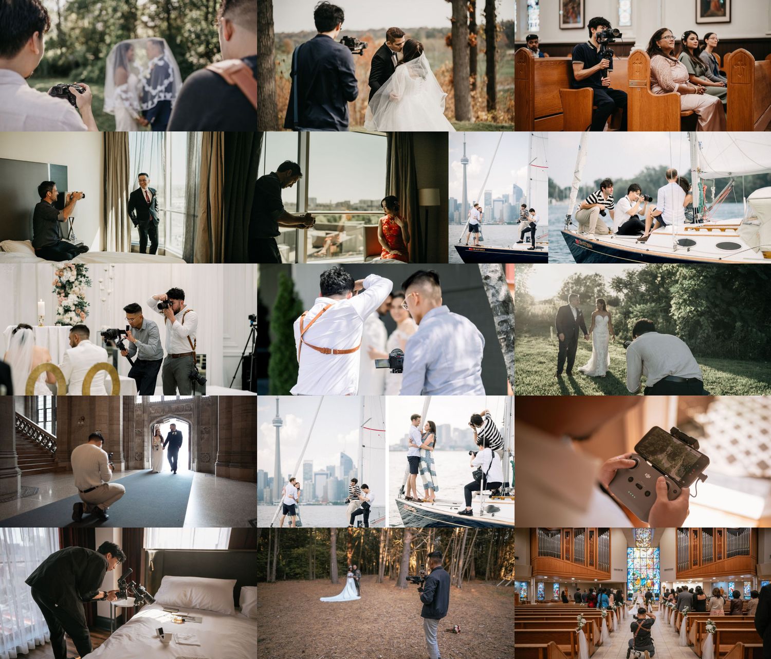 A collage of candid wedding moments showing various scenes from a wedding ceremony and reception.