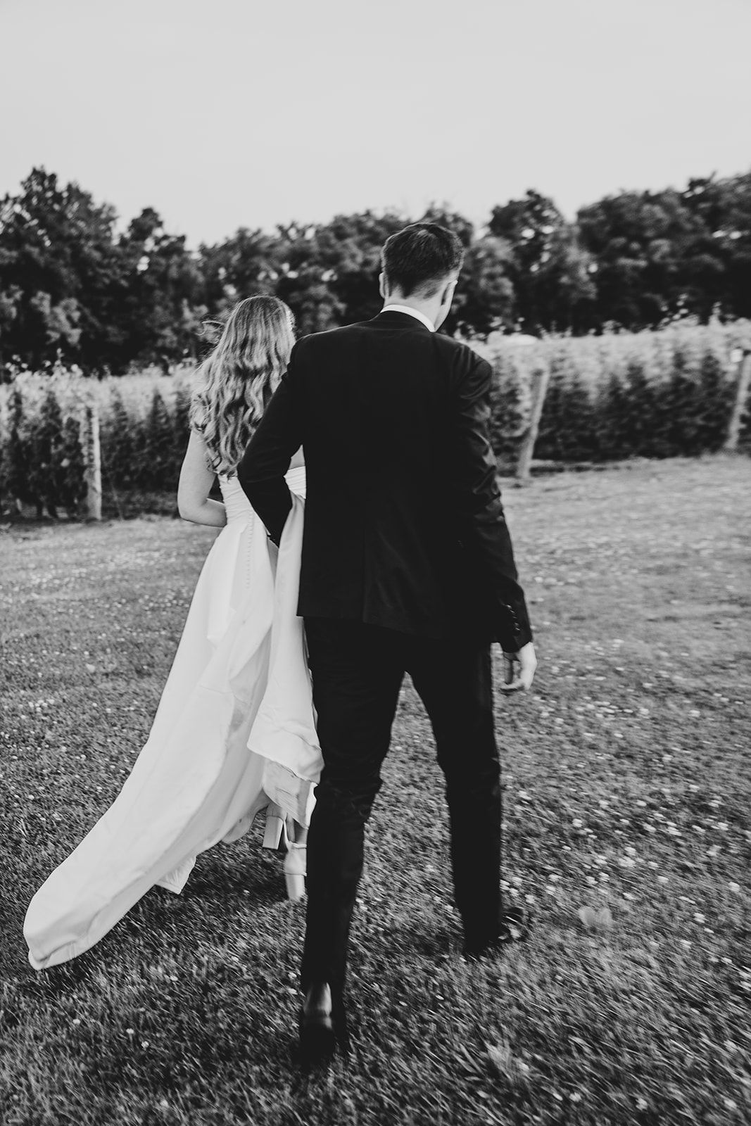 Black and white photo of couple walking through vineyard field in wedding attire.