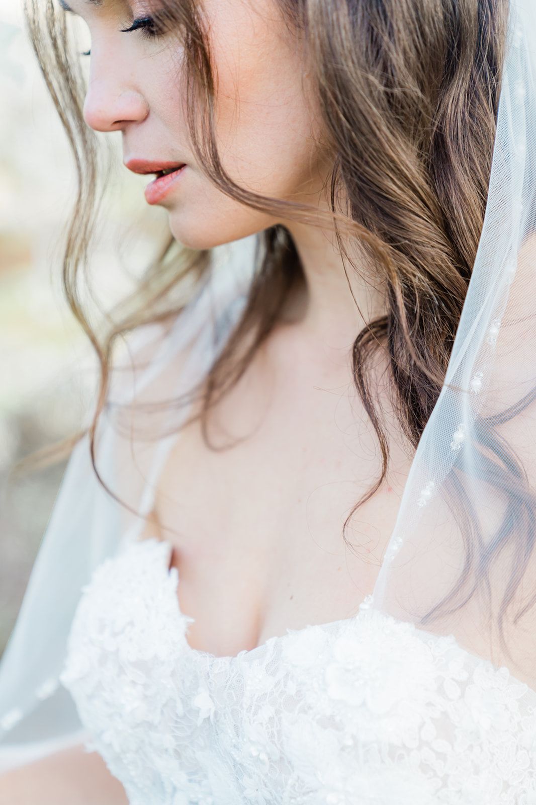 A soft and delicate close-up shot featuring a lace wedding dress and sheer veil in natural lighting.