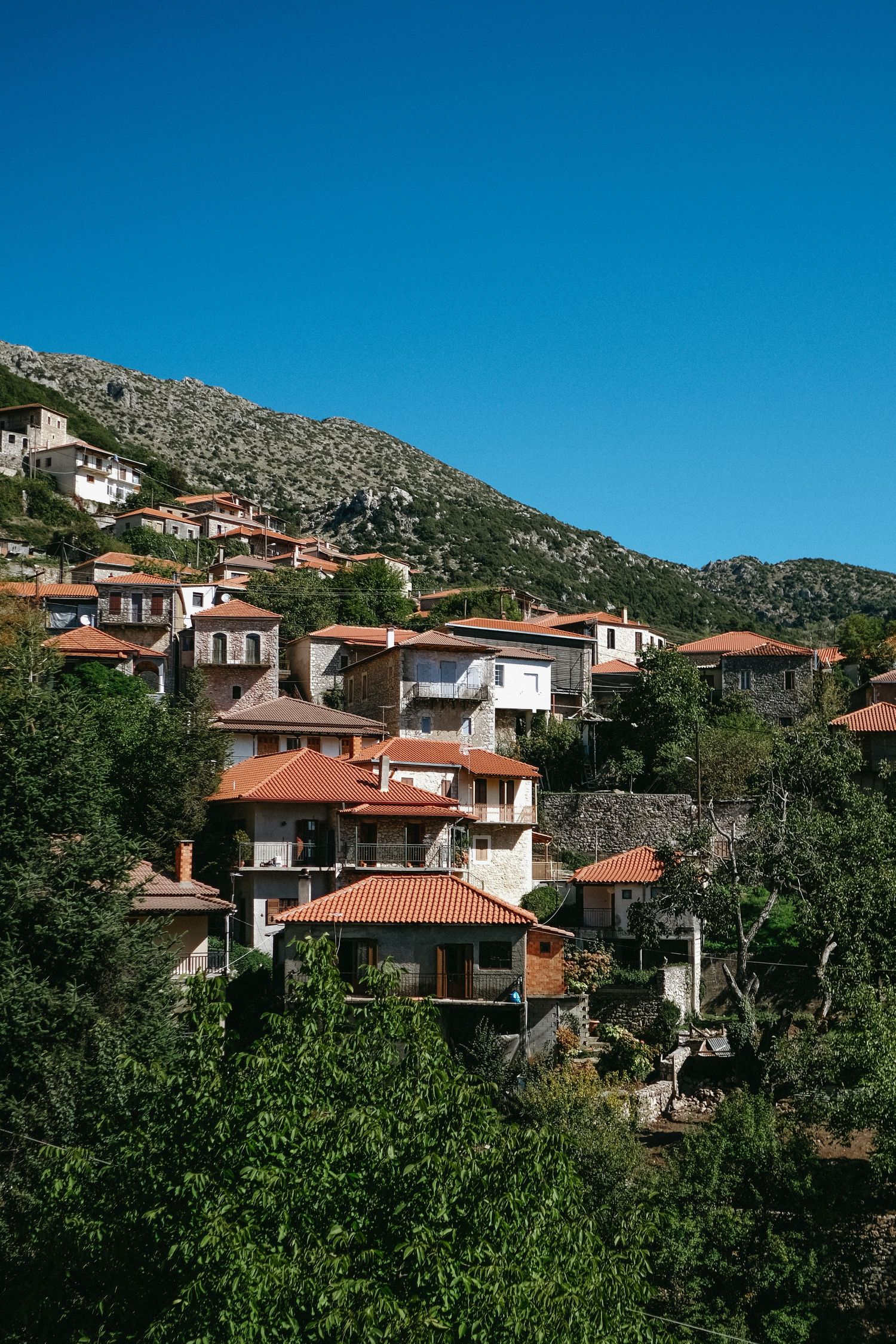 Traditional houses with red roofs cascading down a mountainside in a Mediterranean village.
