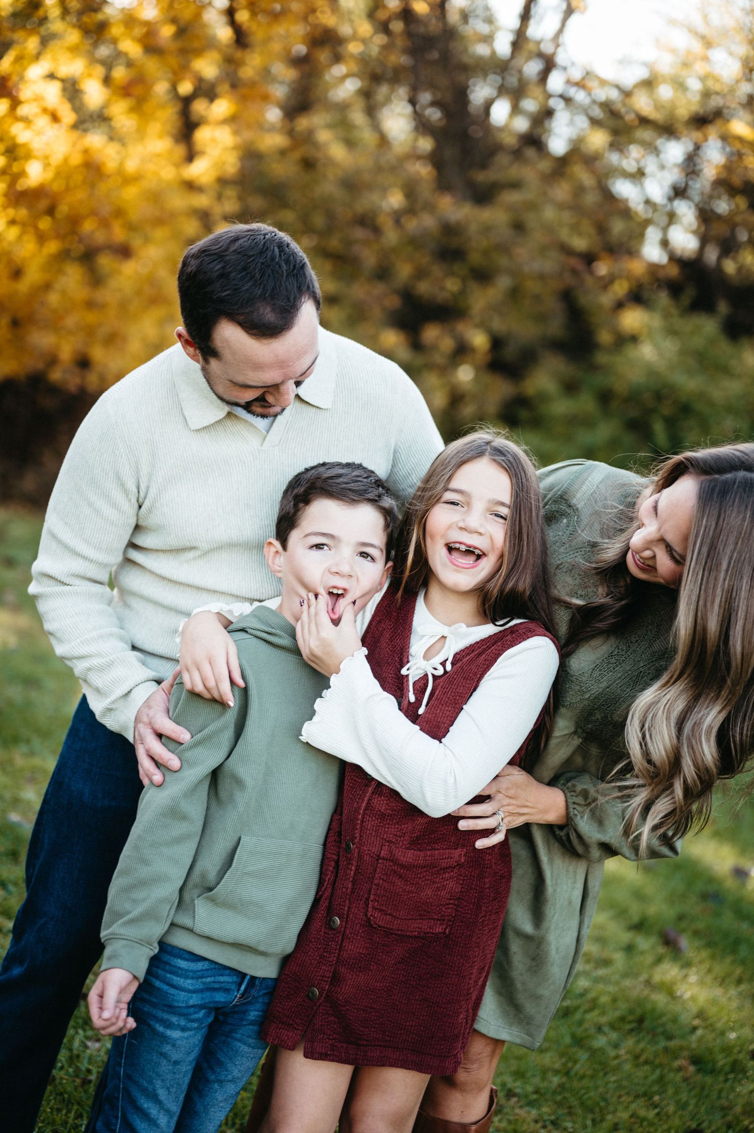 A candid family photo sequence shows joyful laughter and playful moments together outdoors during golden hour.