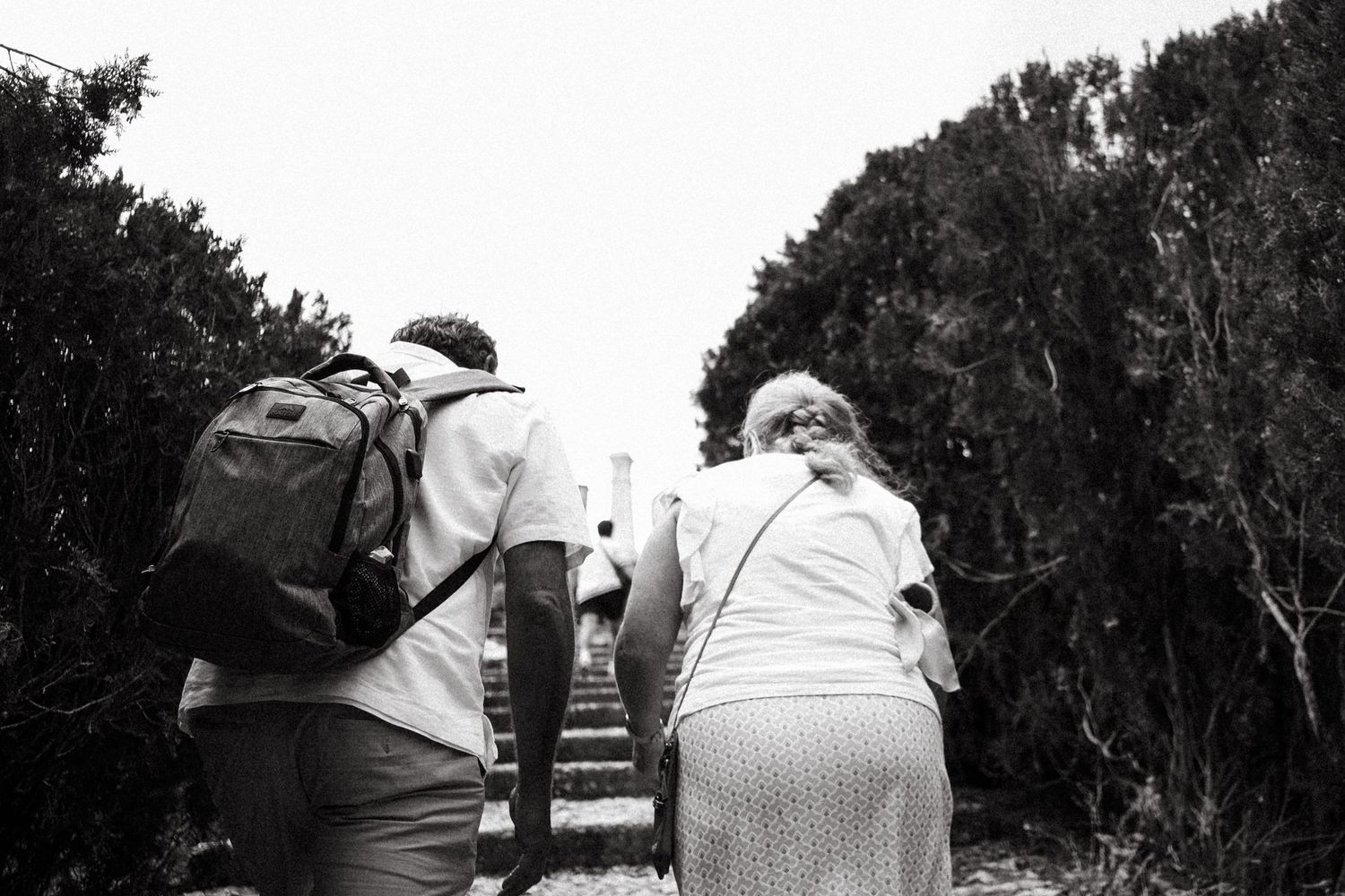 Two hikers climbing stone steps on a nature trail, photographed from behind in black and white.