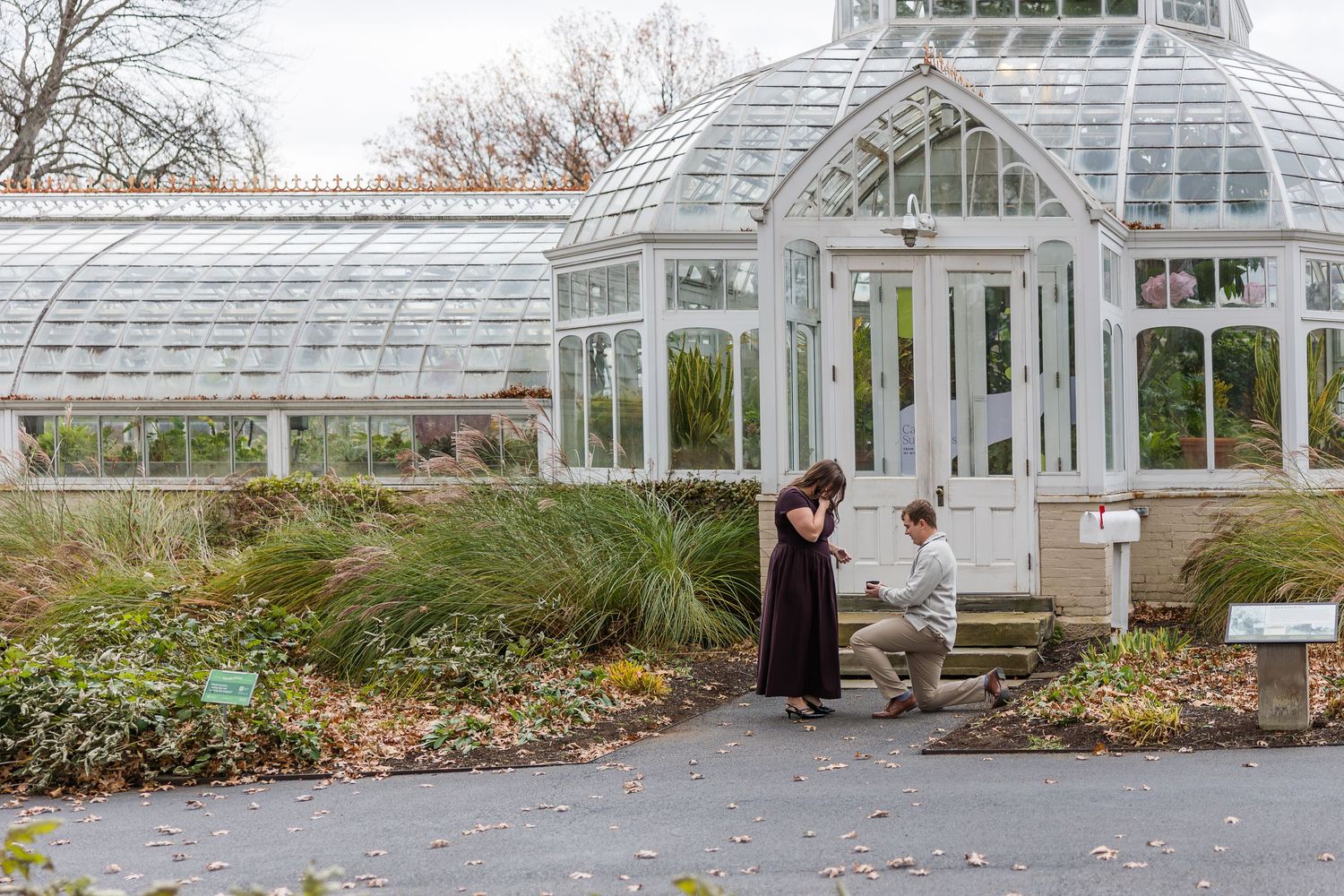 A man kneels on one knee proposing to a woman in a dark dress outside a historic glass greenhouse conservatory surrounded by autumn gardens.