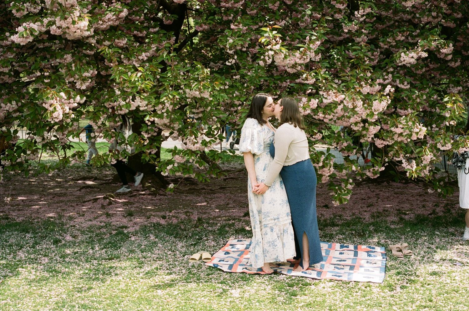 couples photos in central park during cherry blossom season