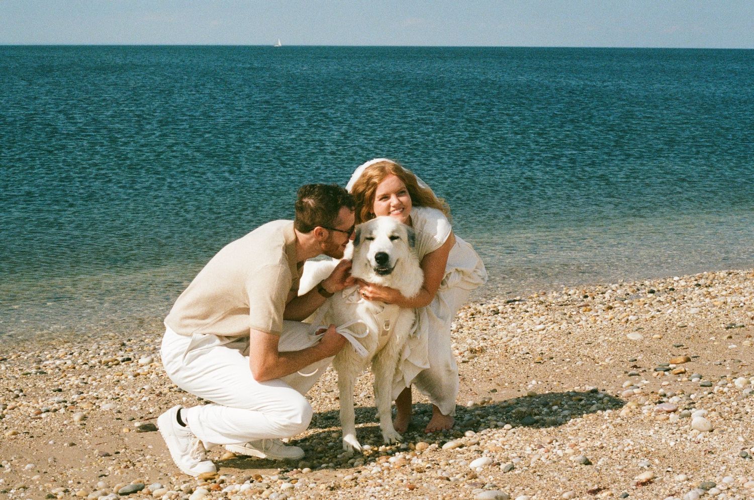 romantic long island beach wedding on 35 mm film and dog