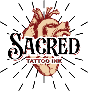 Anatomical heart illustration logo for Sacred Tattoo Ink in red and cream colors.