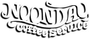 Retro style typography logo for Noonday Coffee Service in white against dark background.