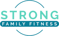 Blue and teal circular logo design for Strong Family Fitness with modern typography.