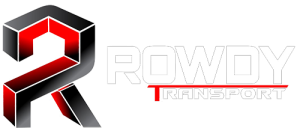 Modern red and black Rowdy Transport company logo with geometric design.