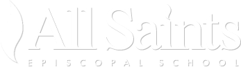 White logo for All Saints Episcopal School with minimalist flame symbol.