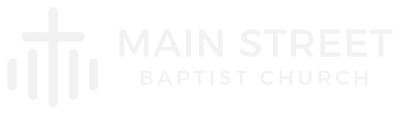 White Main Street Baptist Church logo featuring a minimalist cross and pillar design.
