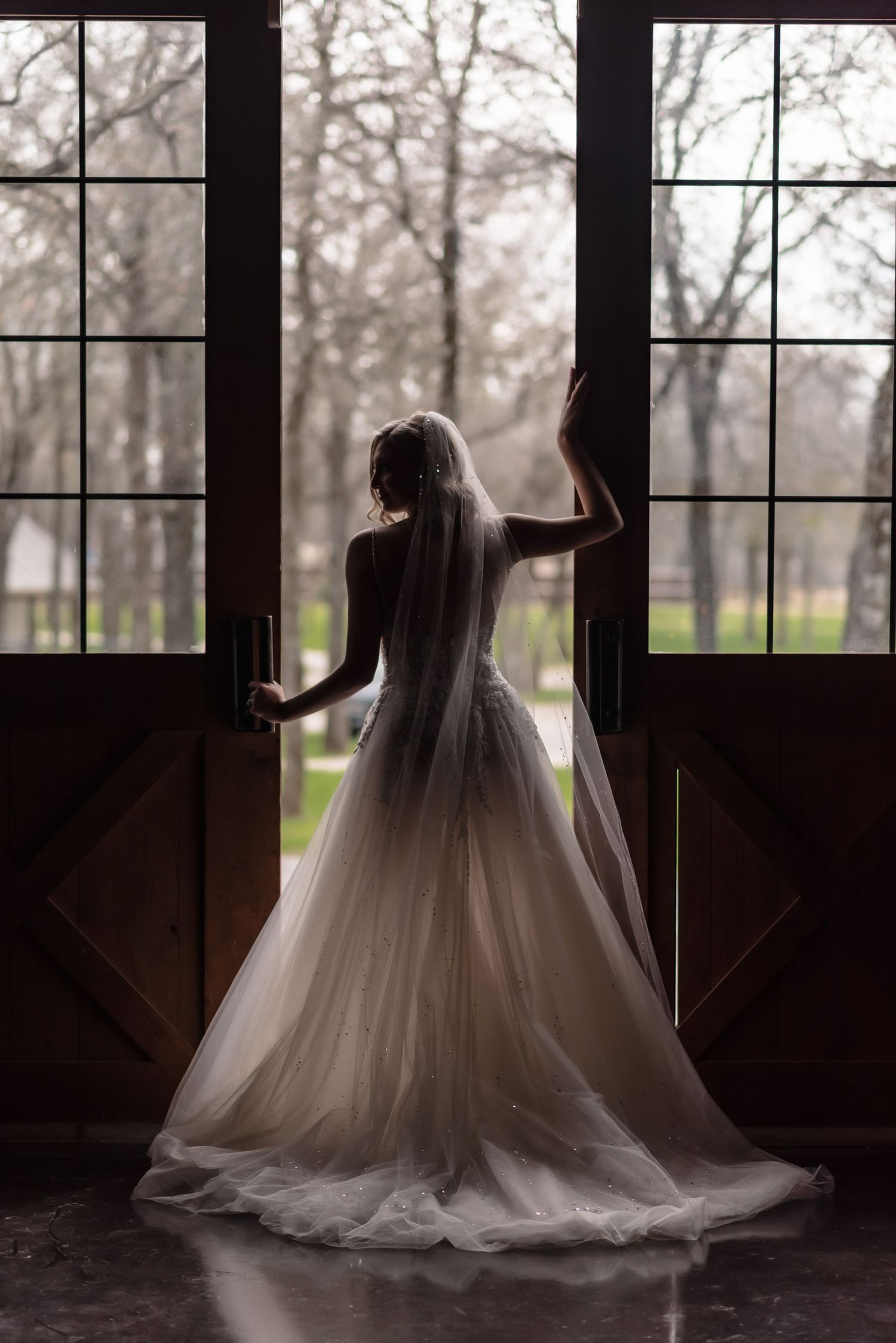 Silhouette of a bride in a flowing gown standing in a doorway against a misty outdoor backdrop.