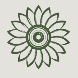 Set of minimalist green camera lens and flower petals logo designs arranged in a sunflower shape