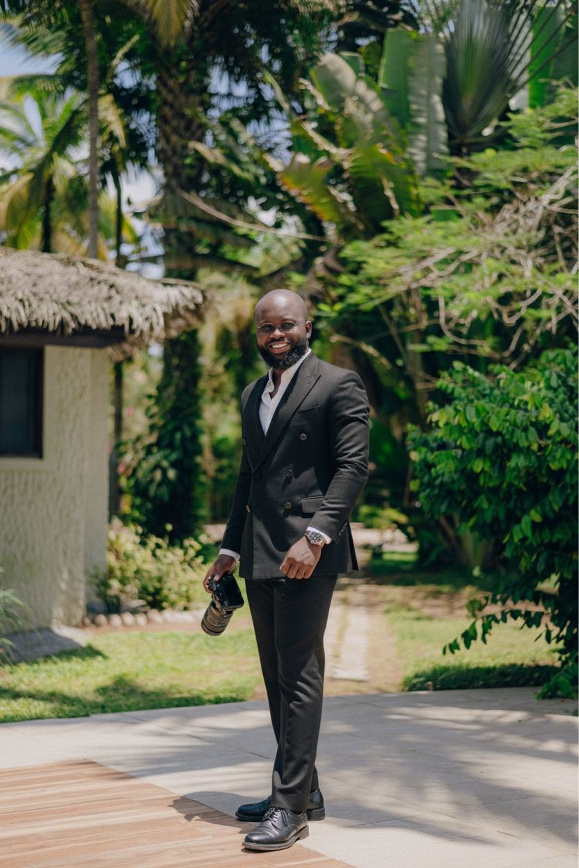 A person in a dark suit walks along a palm tree-lined path in a tropical setting.