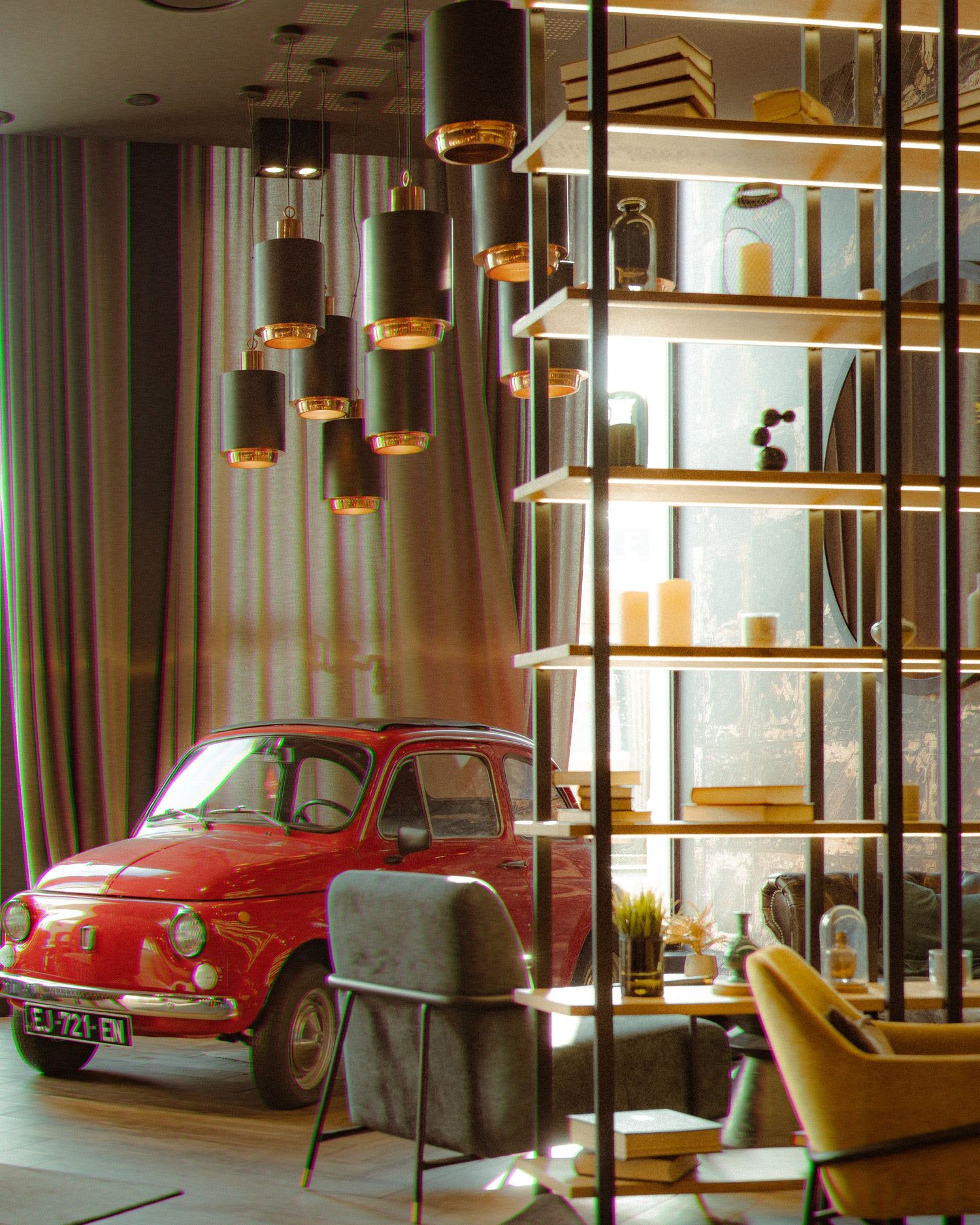 Red vintage Fiat 500 displayed in a modern interior with stylish pendant lighting and open shelving.