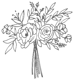 Hand-drawn line art illustration of floral bouquet with roses and foliage.
