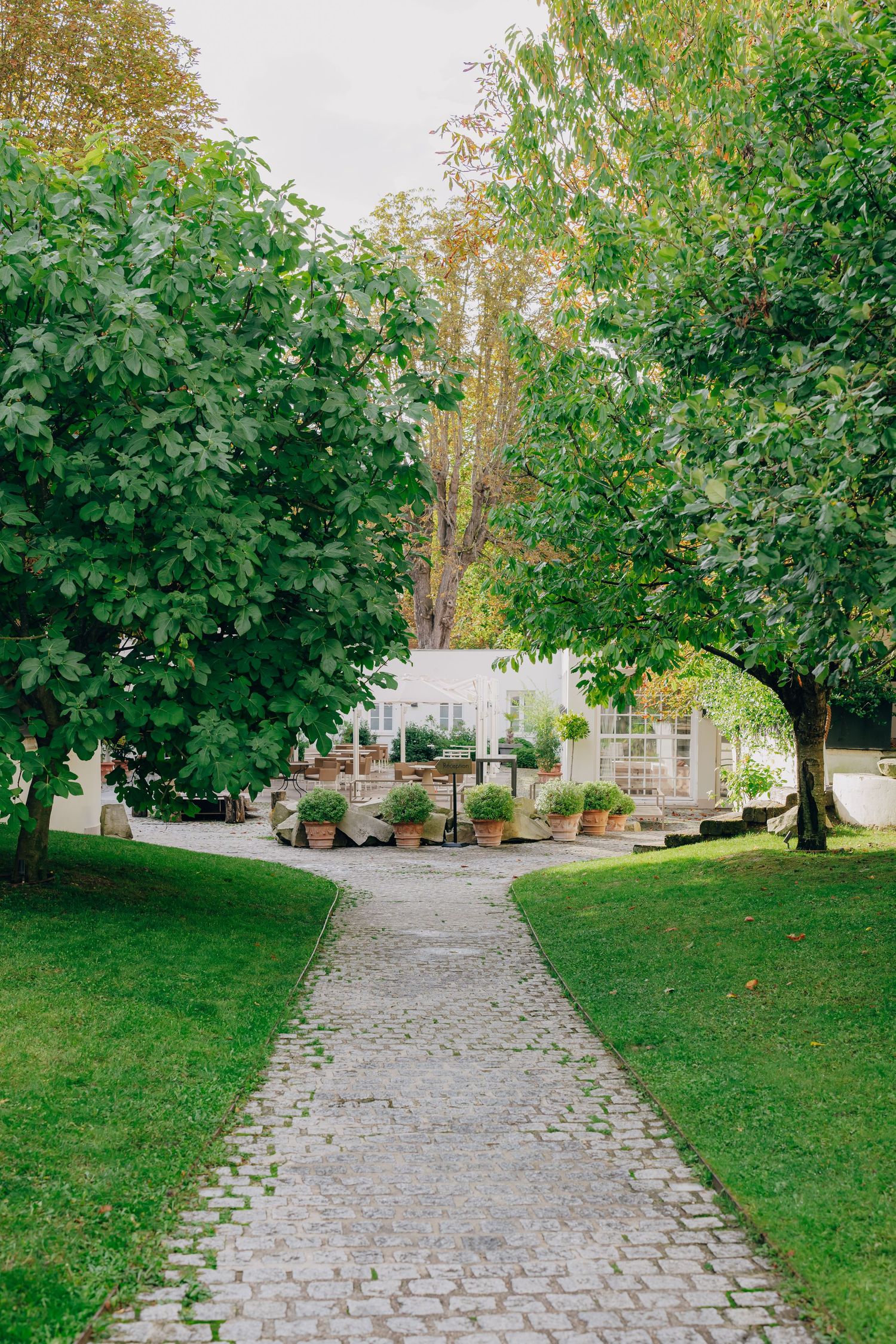 A winding cobblestone path leads through a green park with trees and parked cars visible in the background.