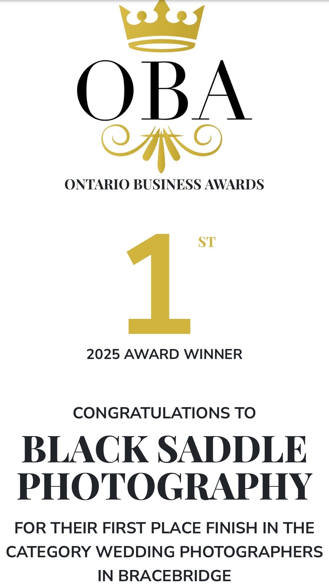 Gold crown and elegant design elements frame an Ontario Business Award for Black Saddle Photography's first place in wedding photography.